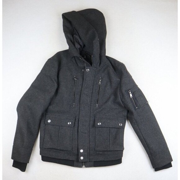H&M - MEN'S GRAY WOOL BLEND HOODED MOTO STYLE WINTER COAT - SIZE 36 - Picture 2 of 5
